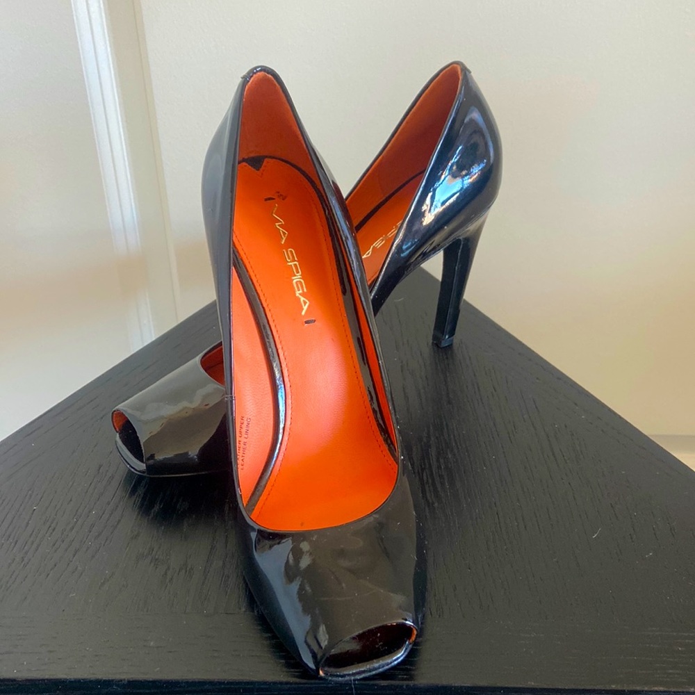 Via Spiga black patent peep toe heels